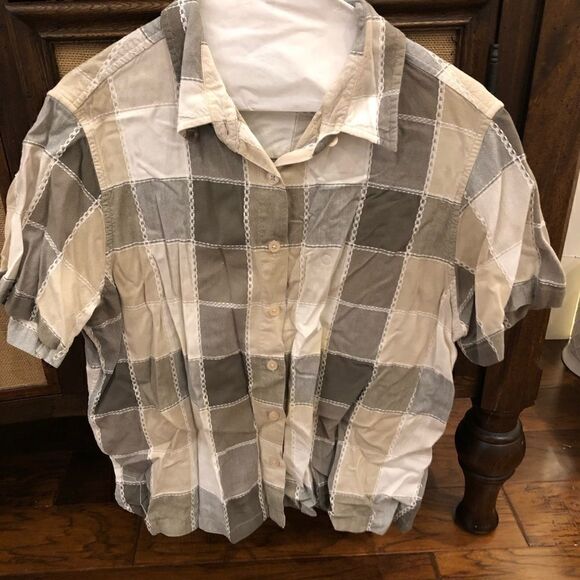 Plus size green and tan plaid button down - Picture 1 of 2